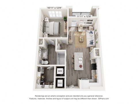 Floor plan for 1 bed, 1 bath, 719 sqft